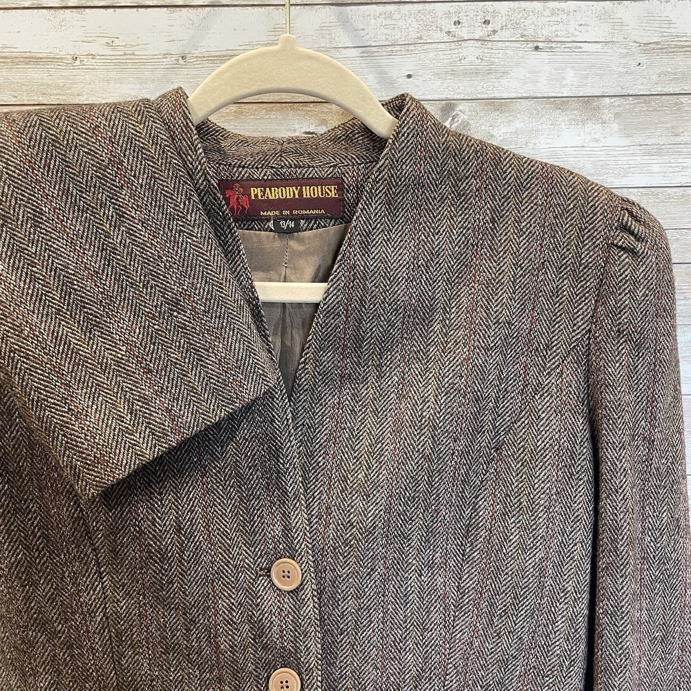 Vintage Peabody House Womens 13/14 Blazer Herringbone Brown Wool‎ Blend Lined